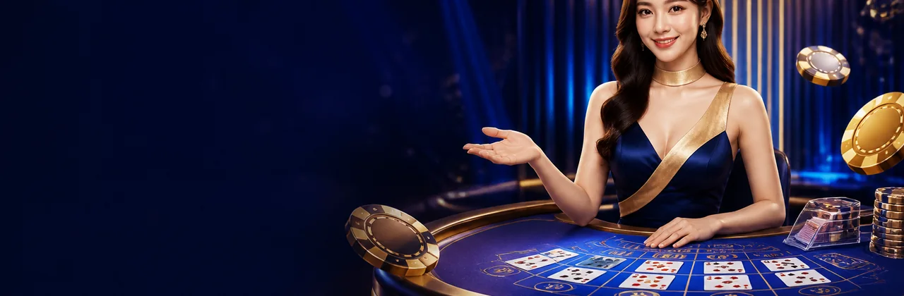 Không gian bàn live dealer rực rỡ với người dẫn bàn và chip ánh kim