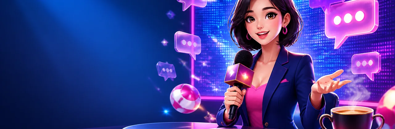 Góc tin tức giải trí với phóng viên, micro và màn hình neon